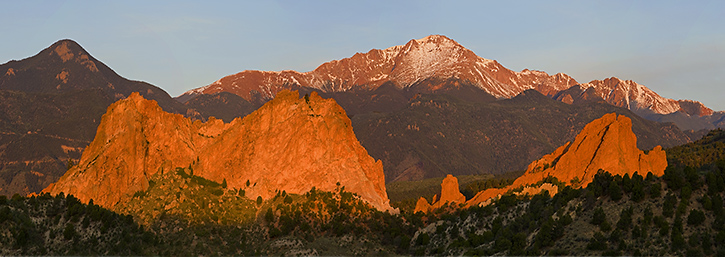 Early Light Panorama of the Garden of the Gods and Pike's Peak, Colorado Springs, CO